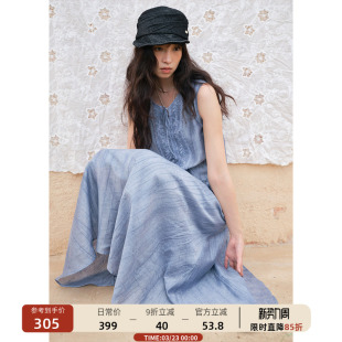 00新品 扎染刺绣无袖 绑带长款 背心连衣裙女法式 裙子夏