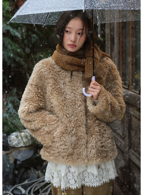 BLUEerror 皮毛一体毛绒保暖白色短款环保皮草女加厚毛茸茸外套冬