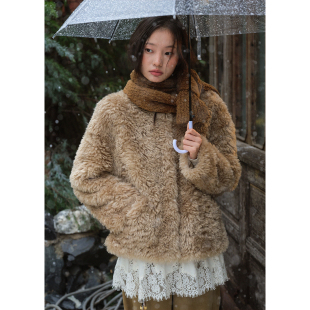 BLUEerror 环保皮草女加厚毛茸茸外套冬 皮毛一体毛绒保暖棕色短款
