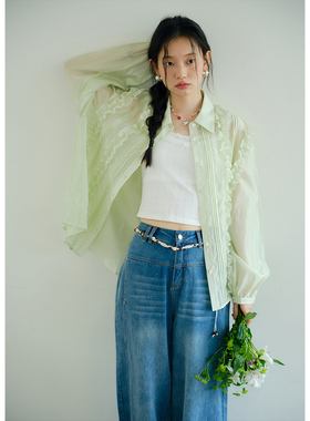 BLUEerror 莱赛尔木耳边绿色微透长袖衬衫女宽松轻薄夏季防晒罩衫