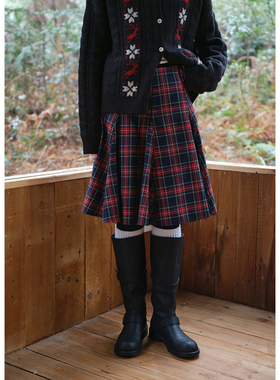 【01/04 00:00新品】高腰拼接红色格子半身裙女伞裙冬季格纹裙子