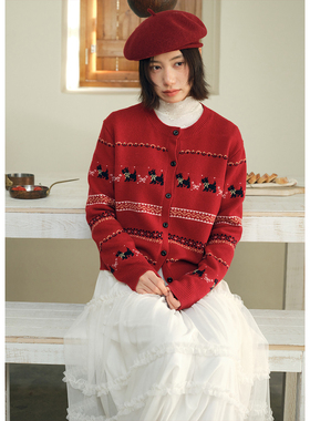 BLUEerror 小狗提花费尔岛圆领毛衣开衫女圣诞红色慵懒针织衫冬季
