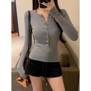 显瘦上衣 美式 半开领正肩长袖 T恤女秋2025新款 辣妹纯欲别致修身