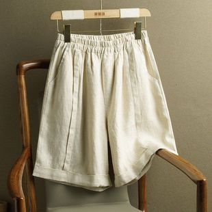 百搭黑色女裝 大碼 棉麻夏季 寬松休閑褲 新款 設(shè)計感文藝復(fù)古五分短褲