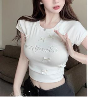 260克莫代尔夏季 上衣 蝴蝶结刺绣减龄甜美短袖 正肩T恤纯欲辣妹短款