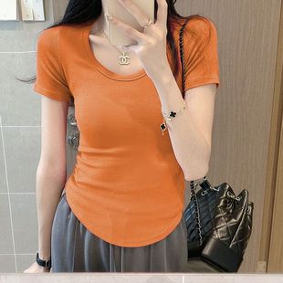显瘦圆领小个子弧形下摆百搭短款 短袖 修身 t恤女2025夏季 上衣 新款
