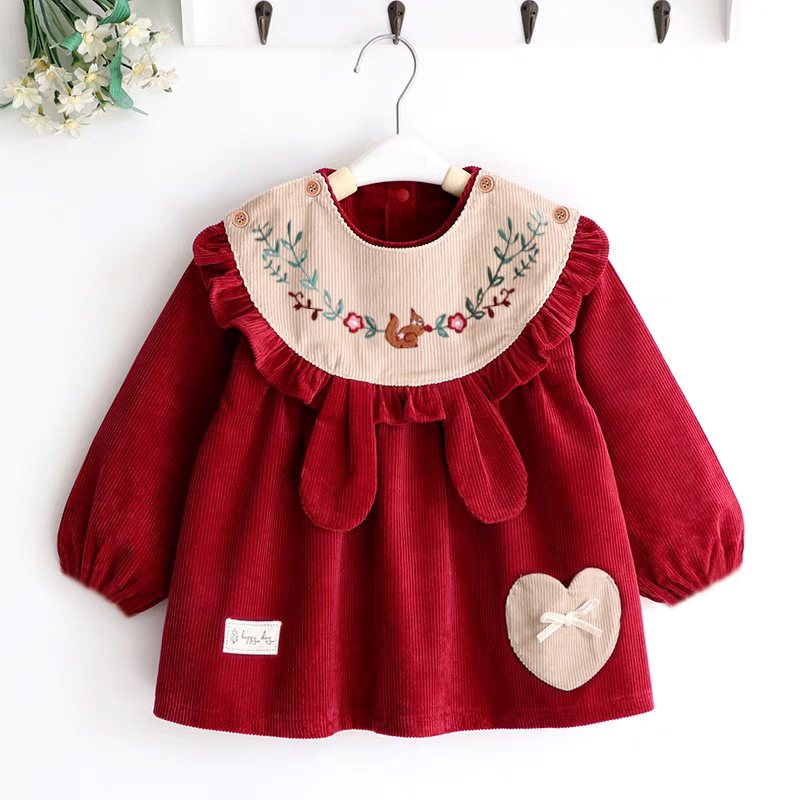 宝宝罩衣女童洋气长袖公主裙外套婴儿防水防脏吃饭衣仿灯芯绒围衣