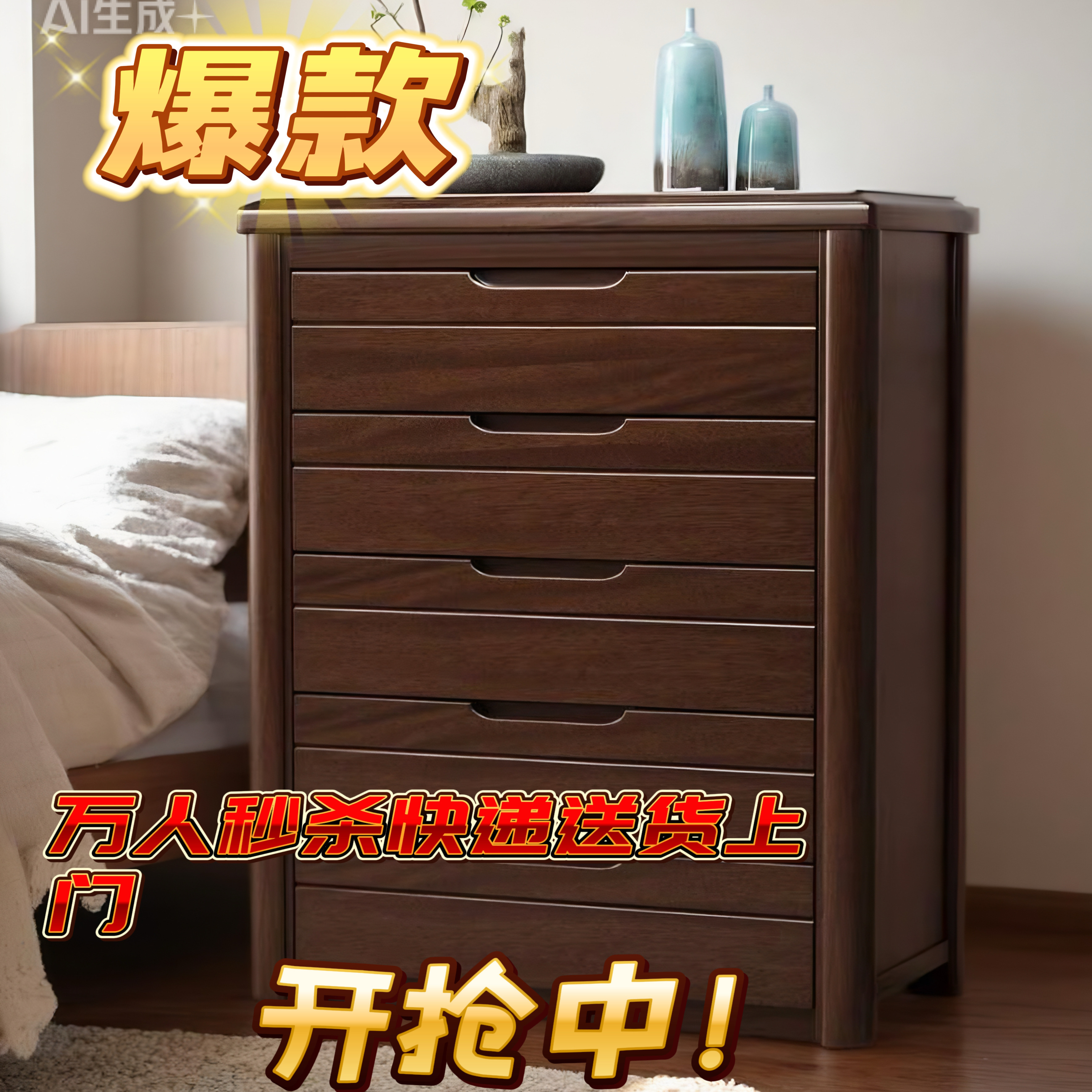 全实木卧室收纳柜胡桃木斗柜中式五抽斗柜加锁卧室储物整装