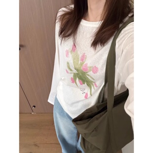 此外 韩系甜美可爱印花长袖T恤女2026春夏宽松显瘦防晒雪花棉上衣