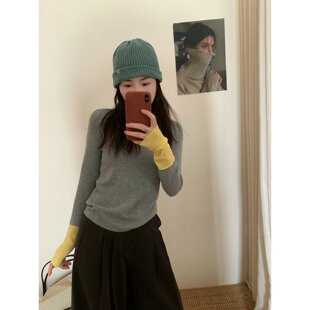 拼接袖子弹力针织秋冬打底长袖休闲风修身型套头女装撞色打底衫