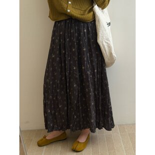 秋冬碎花半身裙复古百褶裙宽松高腰长裙A字裙女装文艺气质型遮肉