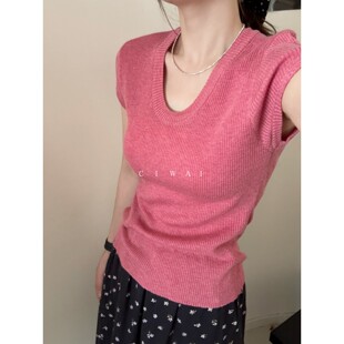 此外 U领针织衫女短袖修身显瘦收腰简约韩系通勤风时尚百搭上衣