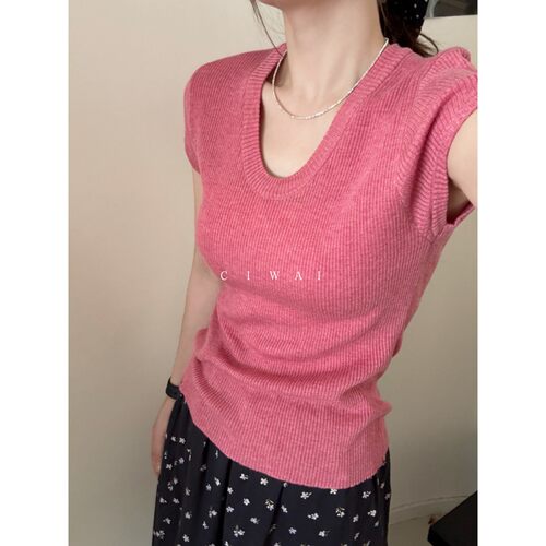 此外 U领针织衫女短袖修身显瘦收腰简约韩系通勤风时尚百搭上衣