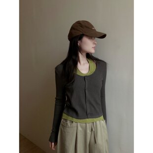 挂脖假两件长袖修身型优雅风套头毛衣秋季圆领毛针织衫坑条女装