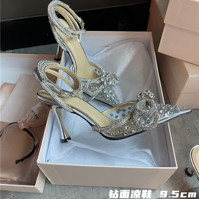mach尖头透明水钻蝴蝶结高跟凉鞋