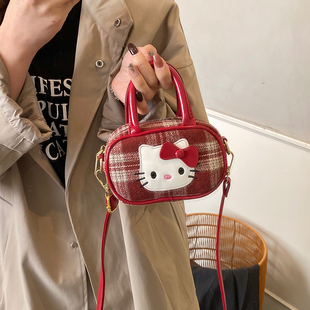 少女心可爱卡通猫咪手提保龄球格子款毛呢配饰包小女孩洋气零钱包