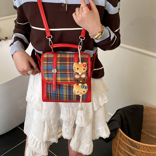 学院风女孩洋气手提格子款百搭邮差包中大童百搭研学书包斜挎包潮