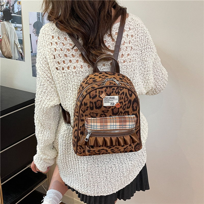 韩版ins风休闲豹纹撞色格子款洋气书包小女孩亲子小众磨砂双肩包