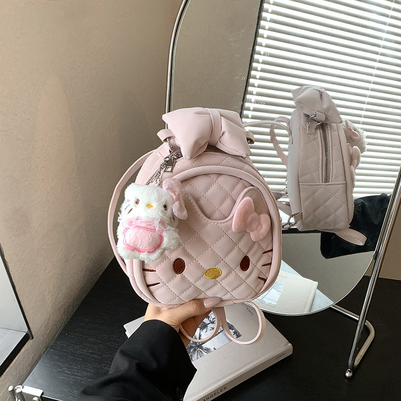 女孩甜美风猫咪菱格绣线双肩包女少女迷你百搭小书包女童外出背包