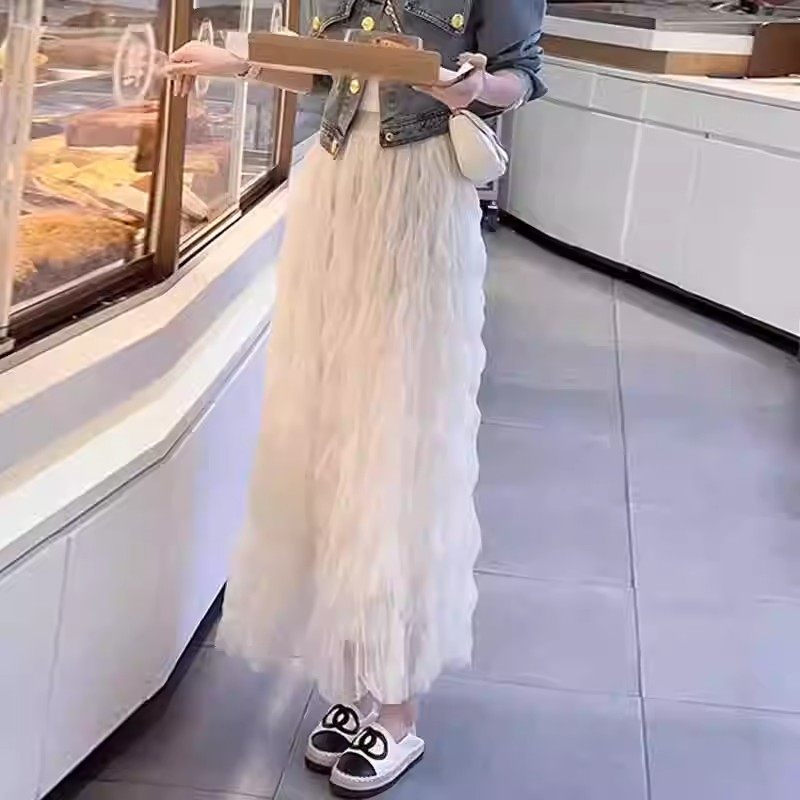 网纱半身裙女2024新款春夏季高腰显瘦褶皱中长款仙女气质A字纱裙