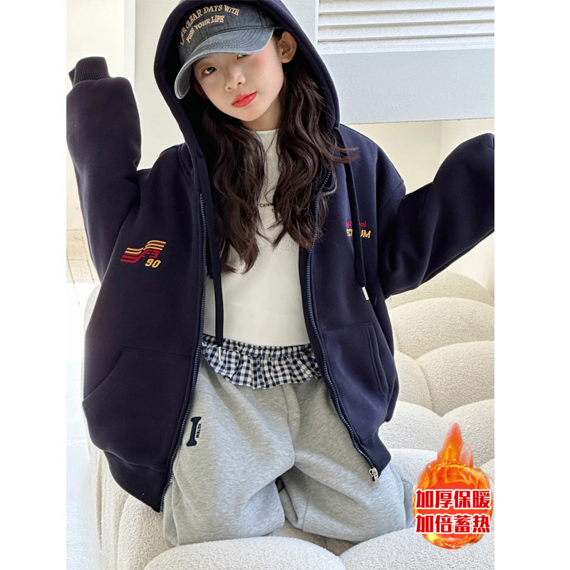 果儿kids韩系女童加绒外套儿童棒球服开衫卫衣秋冬装女大童上衣厚