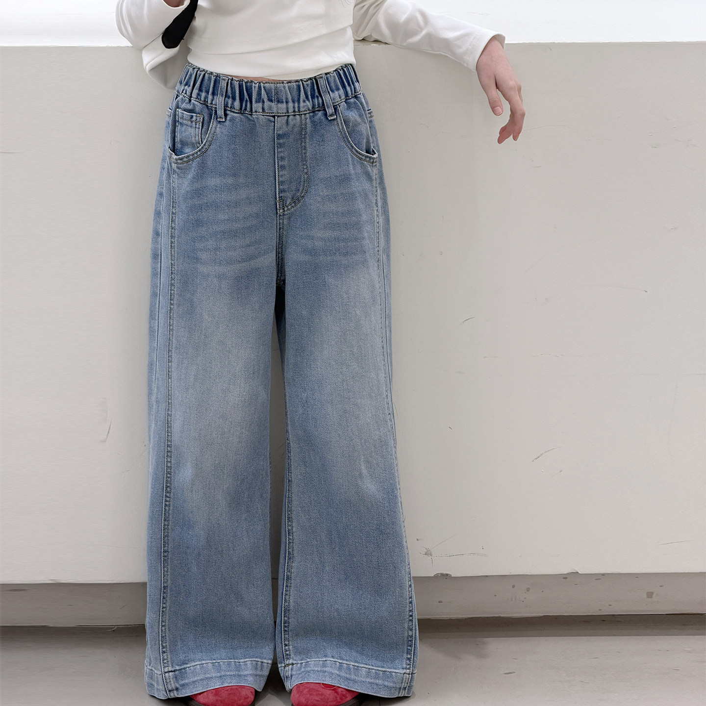 果儿kids女童阔腿裤儿童浅蓝色牛仔裤2026新款春秋装大童女孩裤子