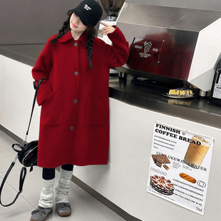 过年服女童呢子大衣长款过膝2026新款儿童女孩红色外套秋冬夹棉厚