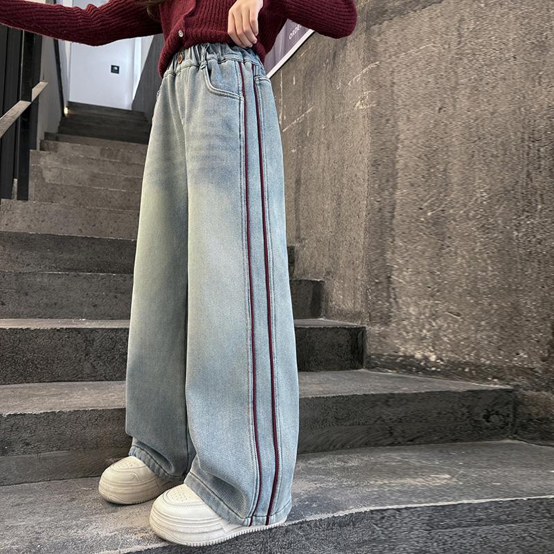 女童加绒牛仔裤2025秋冬装新款儿童冬季加厚一体绒休闲女孩阔腿裤