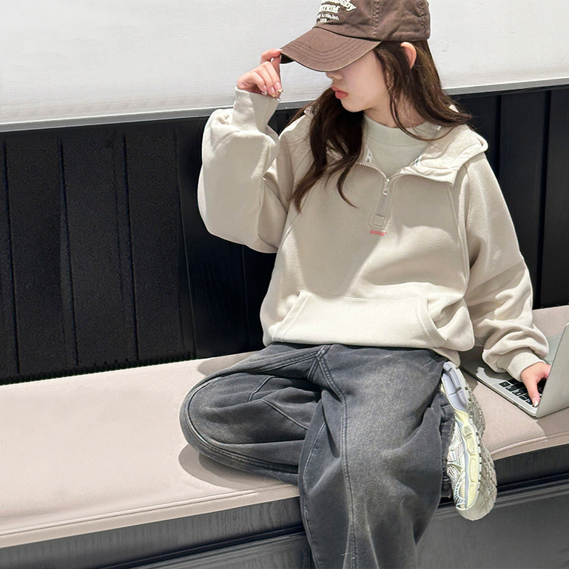 插肩袖女童春装卫衣儿童半拉链连帽上衣2026新款春秋大童女孩衣服