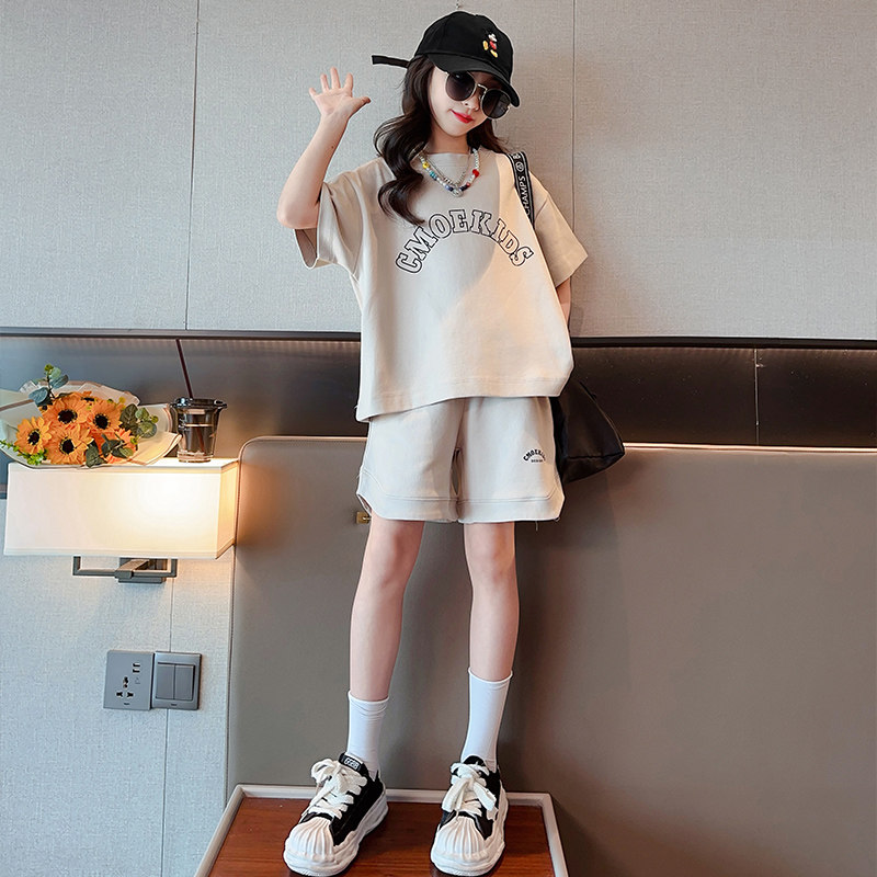 女童短袖套装儿童洋气时髦网红女孩夏装薄款女大童夏季运动两件套