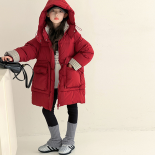 中国红女童红色棉服儿童棉袄2025冬装新款洋气中长款大童收腰棉衣