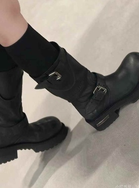 25秋冬新款做旧擦色马丁靴女厚底毒液复古中筒靴骑士靴中古风靴子