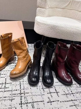 25秋冬新款真皮套筒马丁靴女英伦复古中筒厚底增高显瘦百搭堆堆靴
