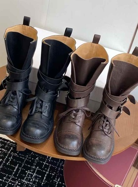 毒液靴秋季新款百搭粗跟交叉系带机车靴女真皮复古做旧休闲马丁靴