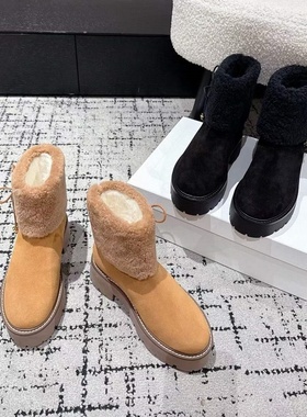 25冬季新款羊皮毛一体厚底雪地靴女短靴保暖翻边马丁靴女冬季百搭