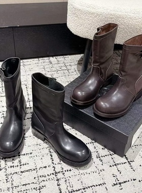 25秋冬新款复古美拉德粗跟中筒骑士靴女真皮厚底套筒机车靴短靴
