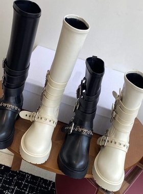 2025新款真皮时尚百搭舒适厚底增高机车靴扣带马丁靴弹力中筒靴子