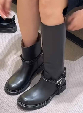 2025新款真皮厚底增高长筒骑士靴女英伦风复古简约百搭套筒长靴子