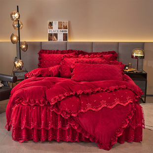 高档婚庆宝宝绒加厚床裙四件套冬季夹棉防滑结婚床罩婴儿绒被罩套