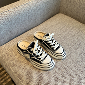 女 外穿网红一脚蹬厚底帆布懒人拖鞋 TFM 休闲半拖女2026年新款