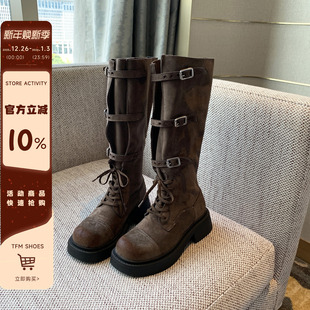 2025新款 时髦穿搭 皮带扣系带厚底高筒女靴子显瘦骑士长靴 TFM