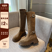 长靴女不过膝2025新款 TFM 绒面皮带扣厚底增高骑士靴女高筒靴