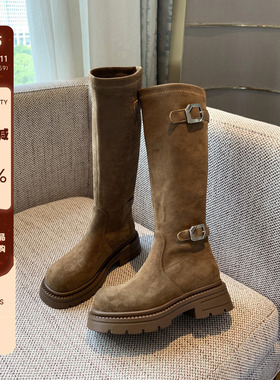 【TFM】长靴女不过膝2025新款绒面皮带扣厚底增高骑士靴女高筒靴