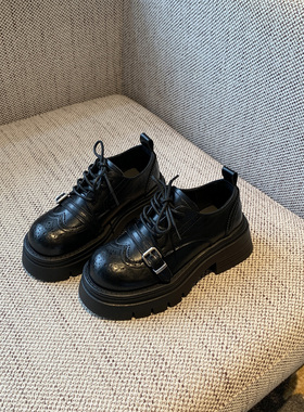 【TFM】2026春季新款英伦系带复古皮带扣厚底乐福鞋女黑色小皮鞋