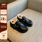 TFM 羊毛加绒防滑厚底乐福鞋 女黑色皮带扣复古小皮鞋 女棉鞋 冬
