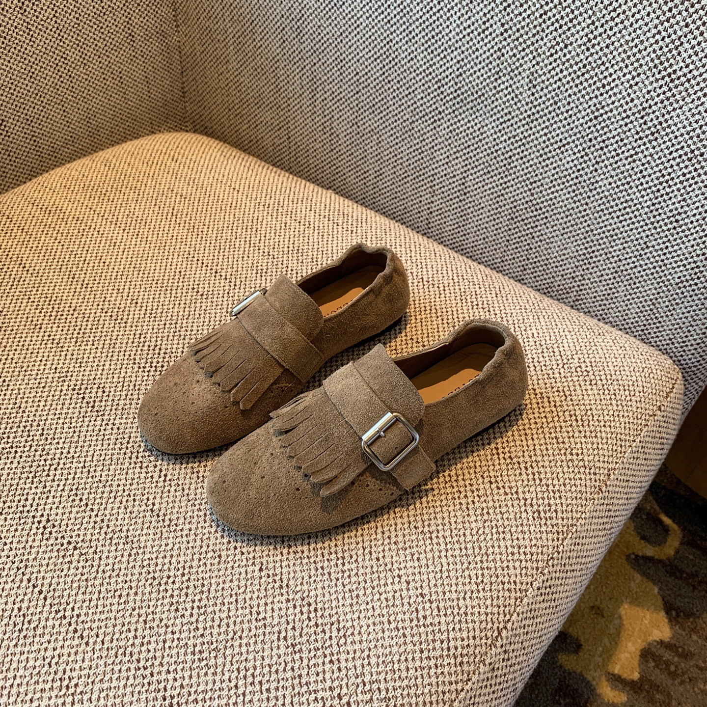 【TFM】2026年新款牛反绒复古流苏百搭皮带扣平底乐福鞋女豆豆鞋,女鞋,乐福鞋（豆豆鞋）,淘宝优惠券,粉丝福利购,淘宝优惠卷