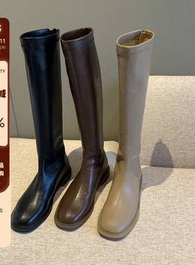 骑士靴女2025秋季新款网红方头瘦瘦女靴子长靴不过膝平底高筒靴女