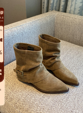 【TFM】磨砂牛皮尖头西部靴女新款百搭皮带扣短筒低跟靴子裤管靴