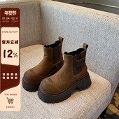 马丁靴女新款 TFM 厚底增高5.5CM复古磨砂牛皮套筒粗跟短靴女靴