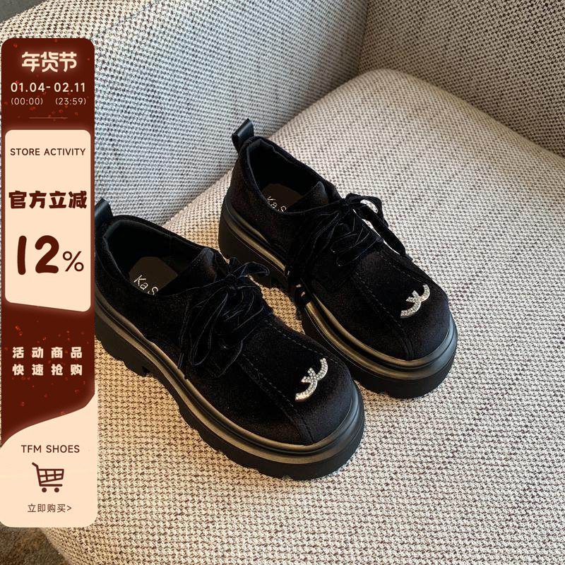 【TFM】气质拉满~小香风系带松糕单鞋2025新款黑色丝绒厚底小皮鞋,女鞋,乐福鞋（豆豆鞋）,淘宝优惠券,粉丝福利购,淘宝优惠卷